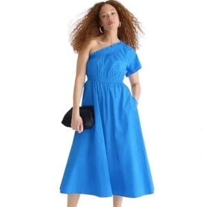J. Crew Blue Poplin One Shoulder Midi Dress Sz Medium Smocked Waist